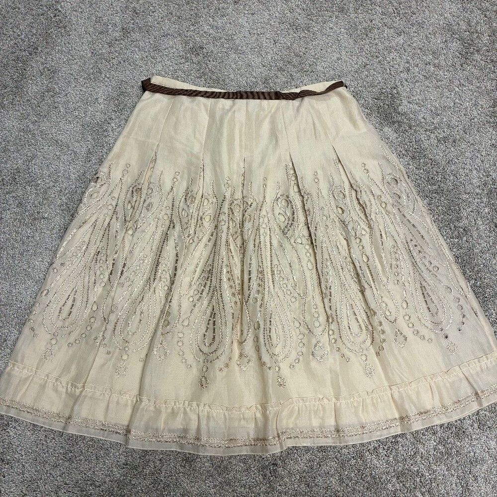 Talbots Cotton Lace Embroidered Skirt Size 14 Beige Boho Lined A-Line Ribbon Tie - Picture 11 of 15